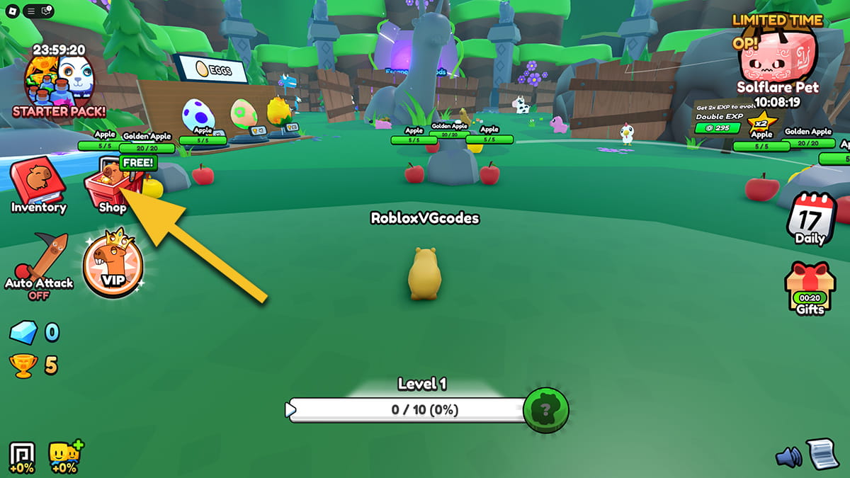 Image from the Roblox game Capybara Evolution, with an arrow pointing at the Shop icon in the interface.