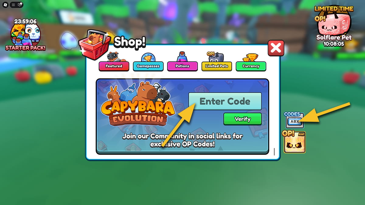 Image of the codes redemption screen in the Roblox game Capybara Evolution.