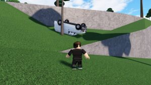 Image of the player next to a crashed van in Car Crushers 2 on Roblox.