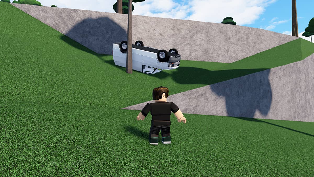 Image of the player next to a crashed van in Car Crushers 2 on Roblox.