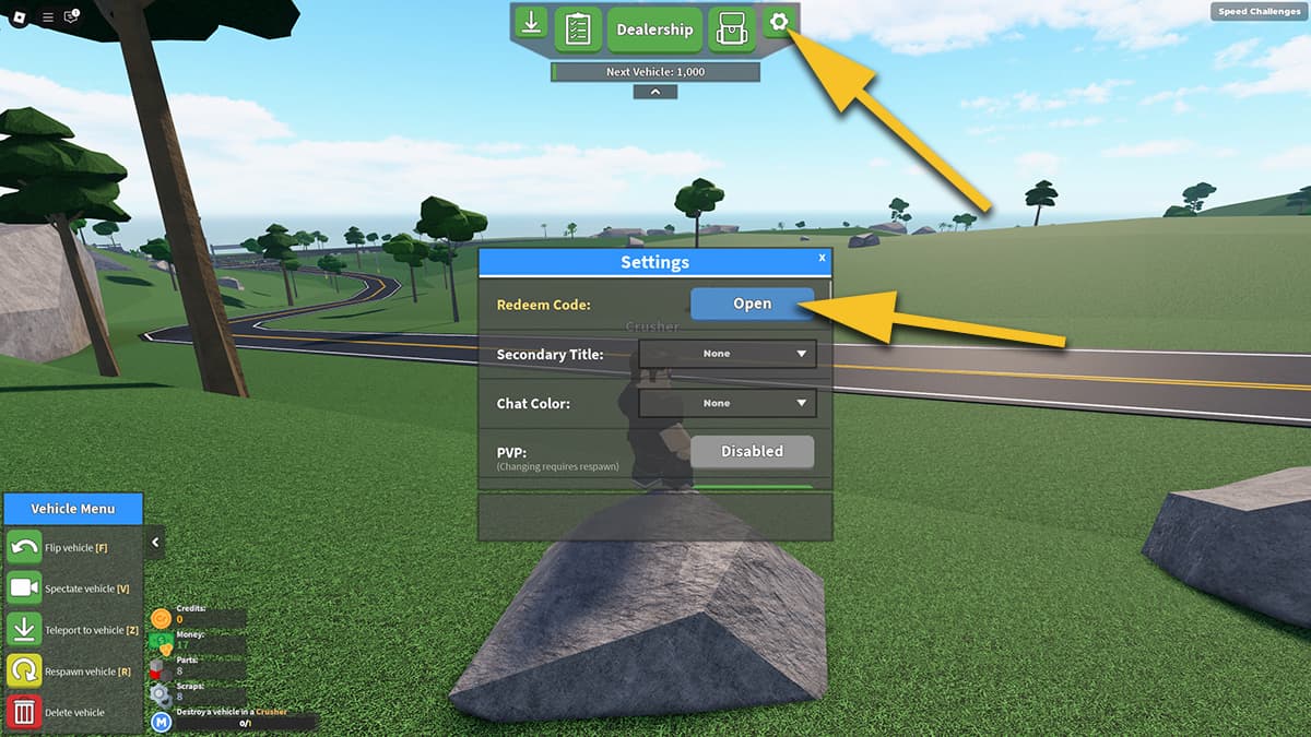 Image of the settings and code redemption button in Car Crushers 2 game on Roblox.