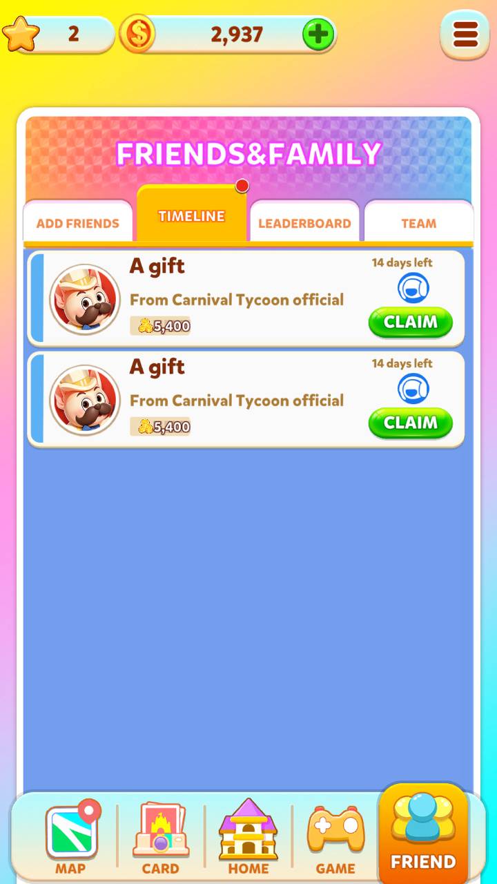 Carnival Tycoon free coins links: in-app friends and family menu.