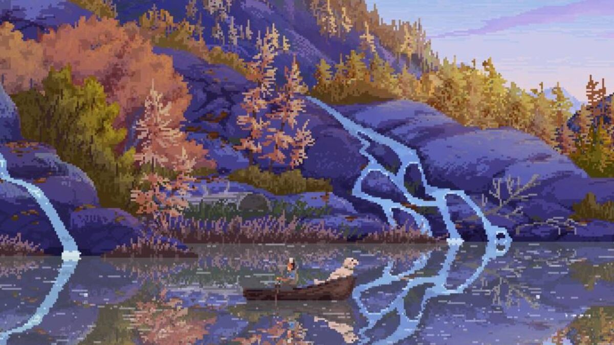 Cast n Chill: boat on a lake in pixel art style.