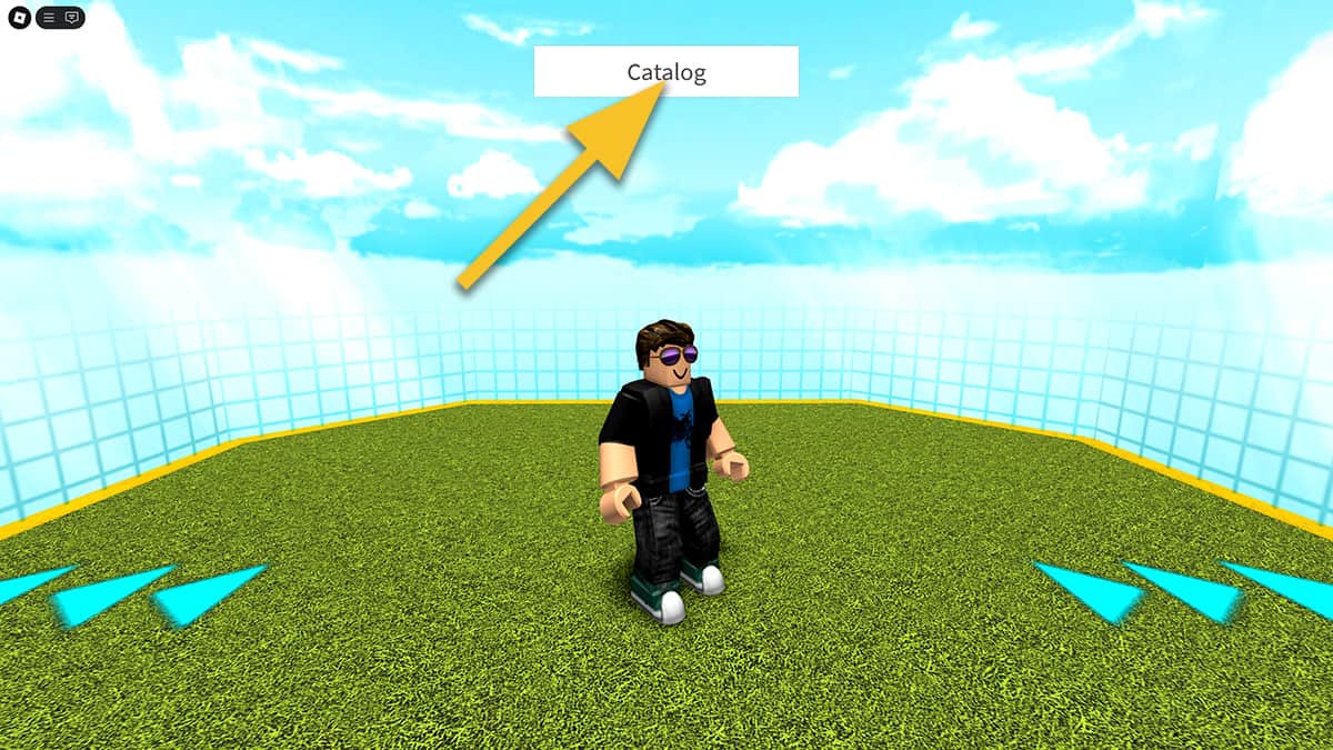 Image of the player in Catalog Heaven on Roblox and an arrow pointing at the Catalog button.