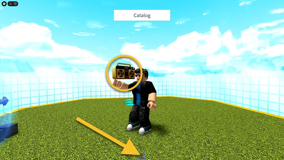 Image of the player holding a boombox in Catalog Heaven on Roblox, with an arrow pointing at the boombox icon.