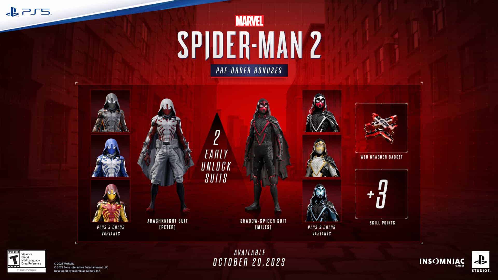 Marvel's Spider-Man 2 standard edition showing the early unlock suits and 3 skill points