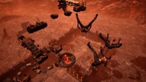 Image of a chained player group in free-fall into Hell in Chained Together.