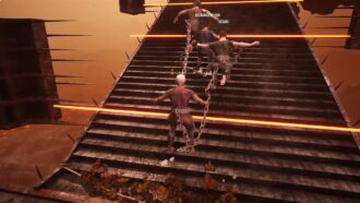a group of players crossing an obstacle on steps in Chained Together.