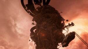 Image of a rocky crag with platforms around the sides, set in Hell against a red sky, from the game Chained Together.