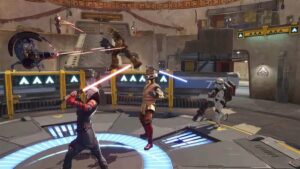 characters battling with lightsabers in Star Wars Hunters