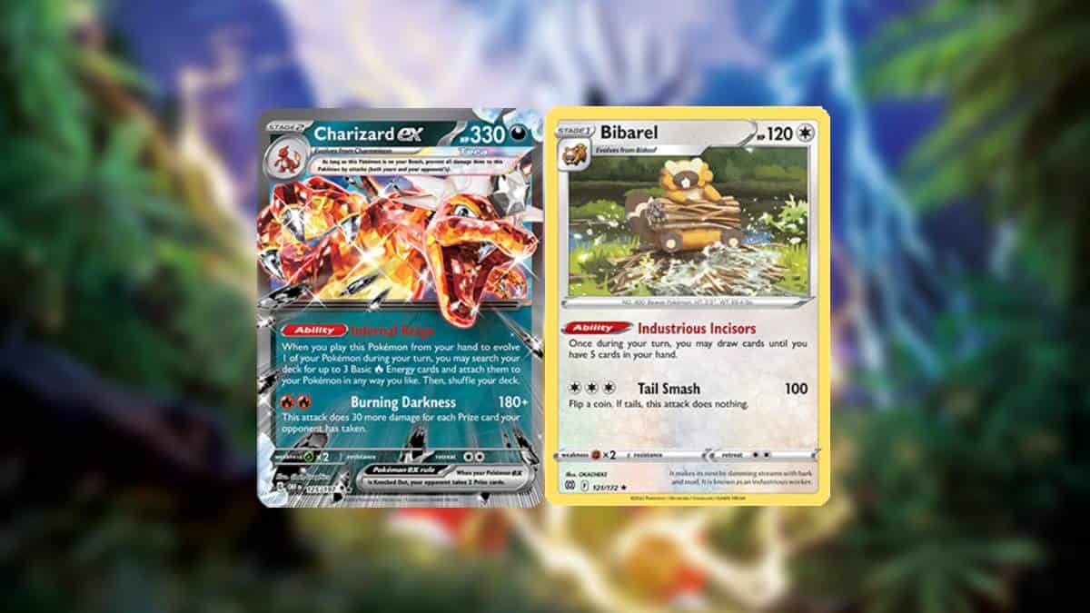 Two Pokémon trading cards, Charizard EX and Bibarel, from the best Temporal Forces decks in Pokémon TCG, displayed with a colorful background.