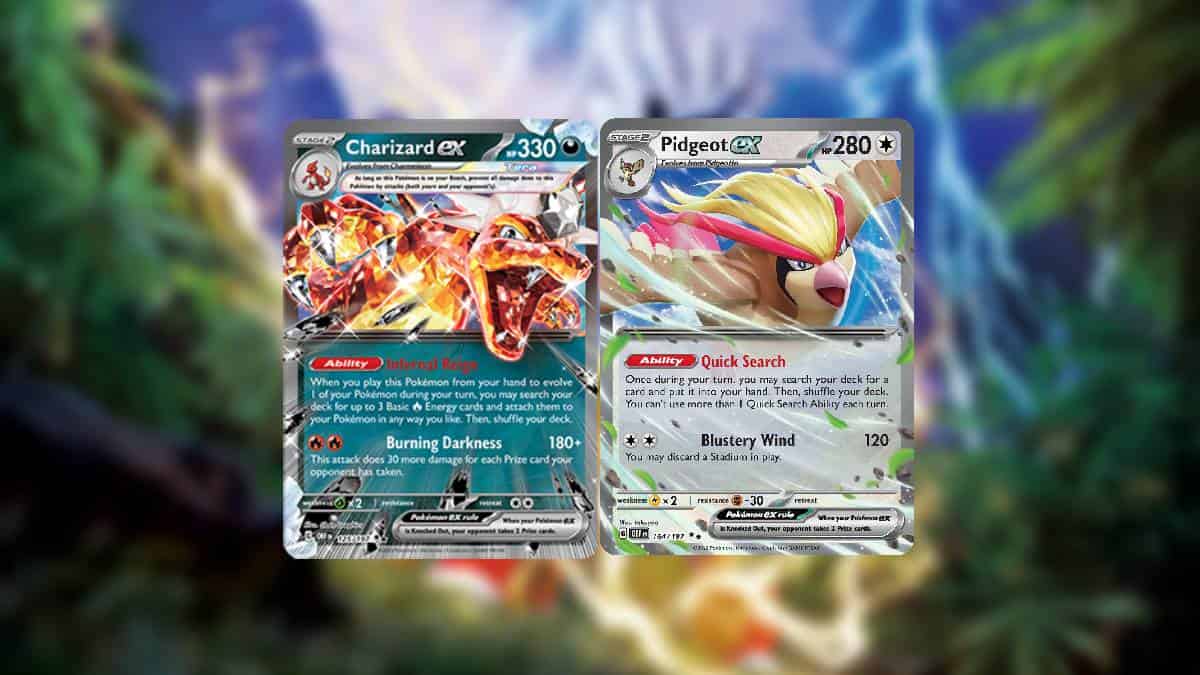 Two Pokémon trading cards, Charizard EX and Pidgeot ex, from the best Temporal Forces decks in Pokémon TCG, displayed with a colorful background.