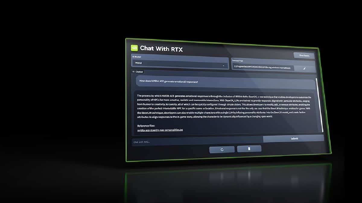 A screen shot of a computer displaying Nvidia Chat with RTX system requirements and download size.