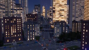Cities Skylines 2 achievements: A screenshot of a city at night, showcasing the stunning urban landscape.