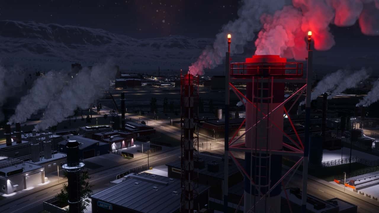 Cities Skylines 2: An image of factories in the game.