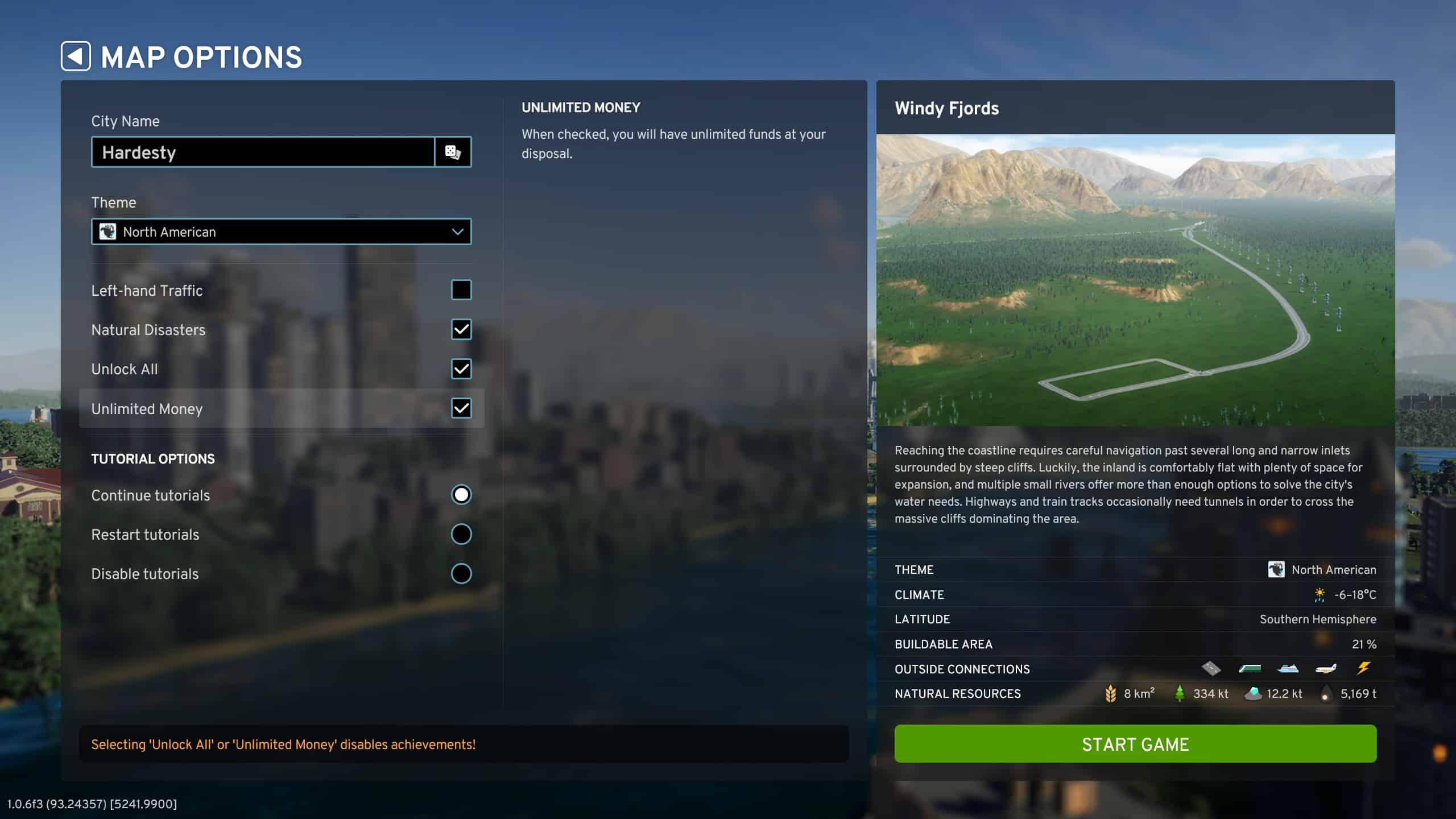 Cities Skylines 2 cheats: A screenshot of the map options screen in Cities Skylines 2.