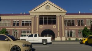 Cities Skylines 2 vs Cities Skylines: A 3d rendering of a building with cars parked in front of it for Cities Skylines 2.