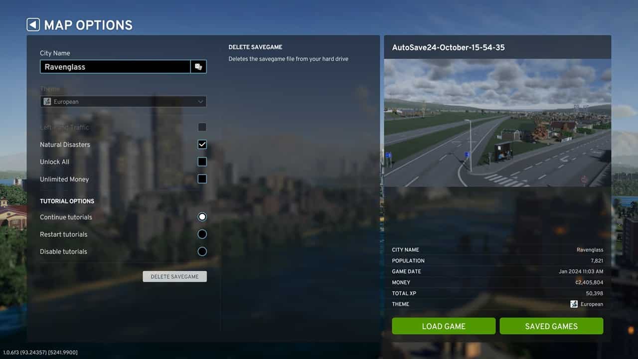 Cities Skylines 2 delete saves: An image of the map options menu in the game.