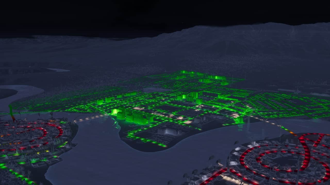 Cities Skylines 2 dezone: A city illuminated at night.