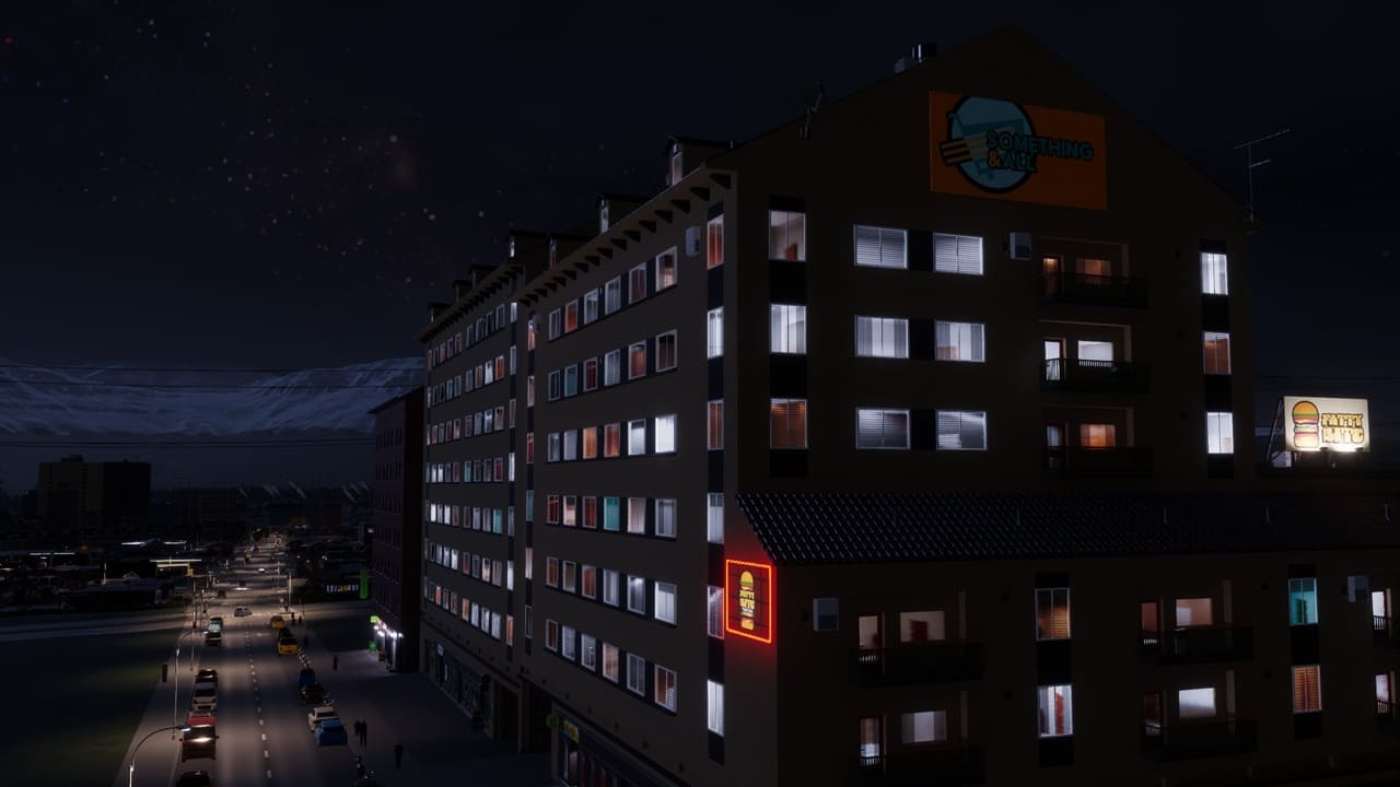 Cities Skylines 2 dezone: A city building illuminated at night.