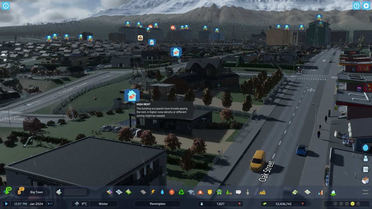 Cities Skylines 2 high rent: An image of a city in the game with issues of high rent.