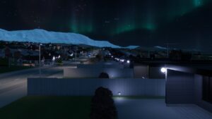 Cities Skylines 2 map editor: An image of the Aurora Borealis in the game.