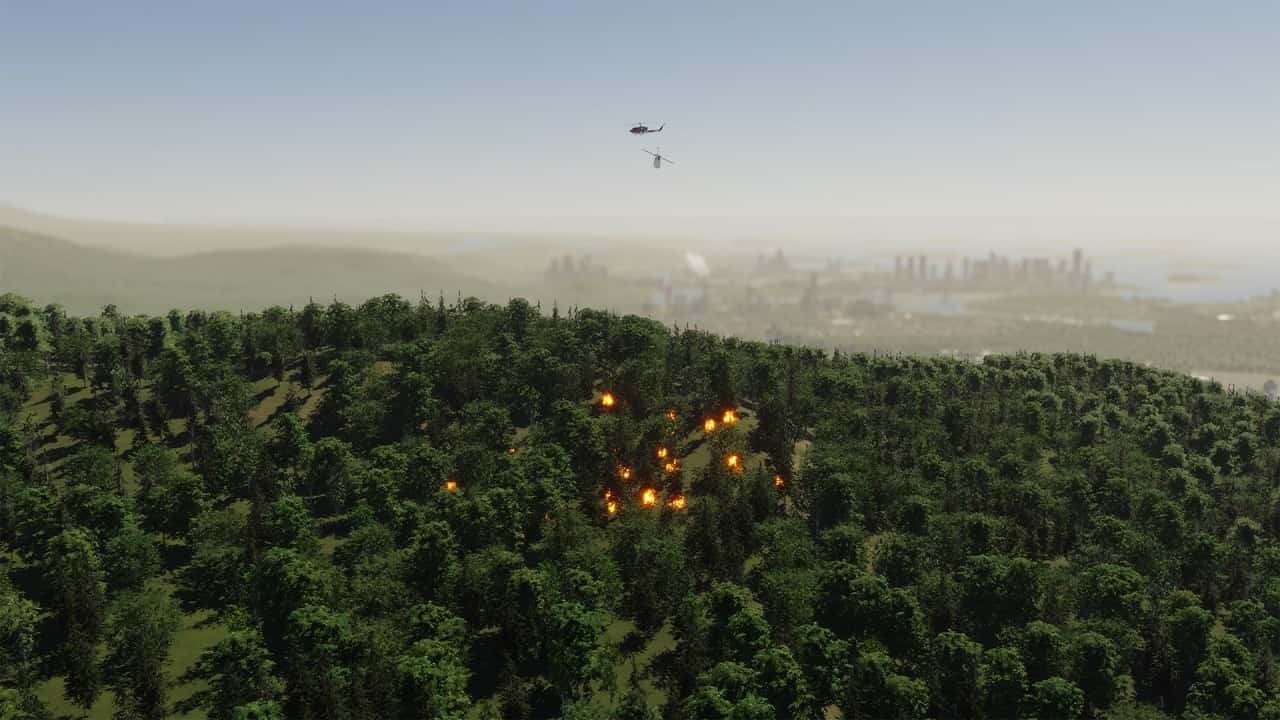 Cities Skylines 2 natural disasters: An image of a forest fire in the game.