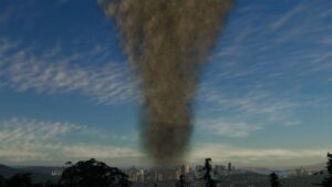 Cities Skylines 2 natural disasters: An image of a tornado in the game.