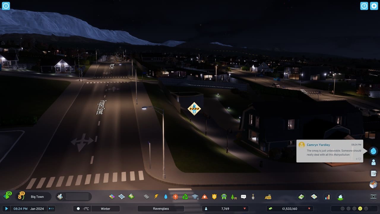 Cities Skylines 2 no pedestrian access: An image of a city at night.