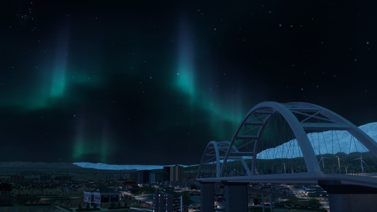 Cities Skylines 2 no pedestrian access: Aurura Borealis above a city in the game.