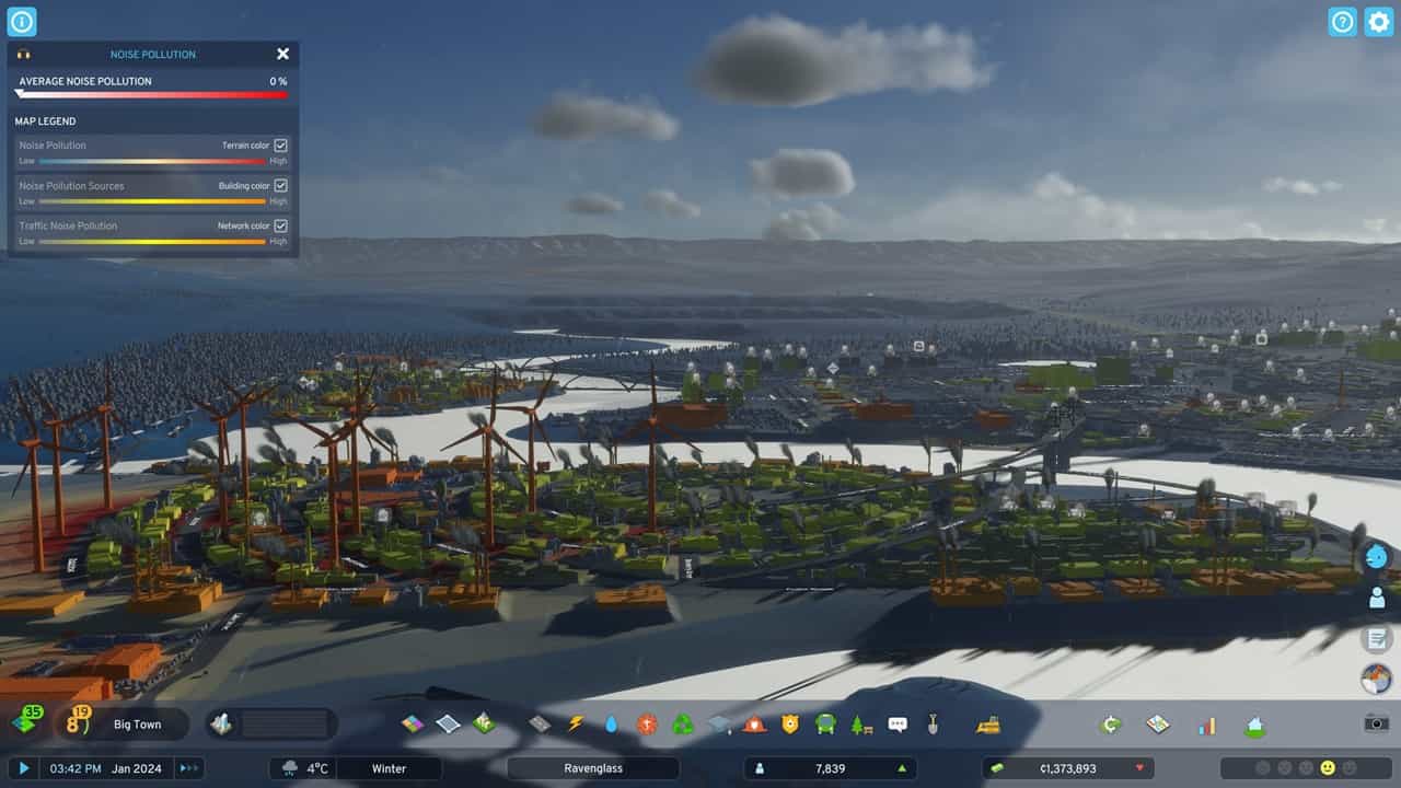 Cities Skylines 2 pollution: An image of industries next to wind turbines.