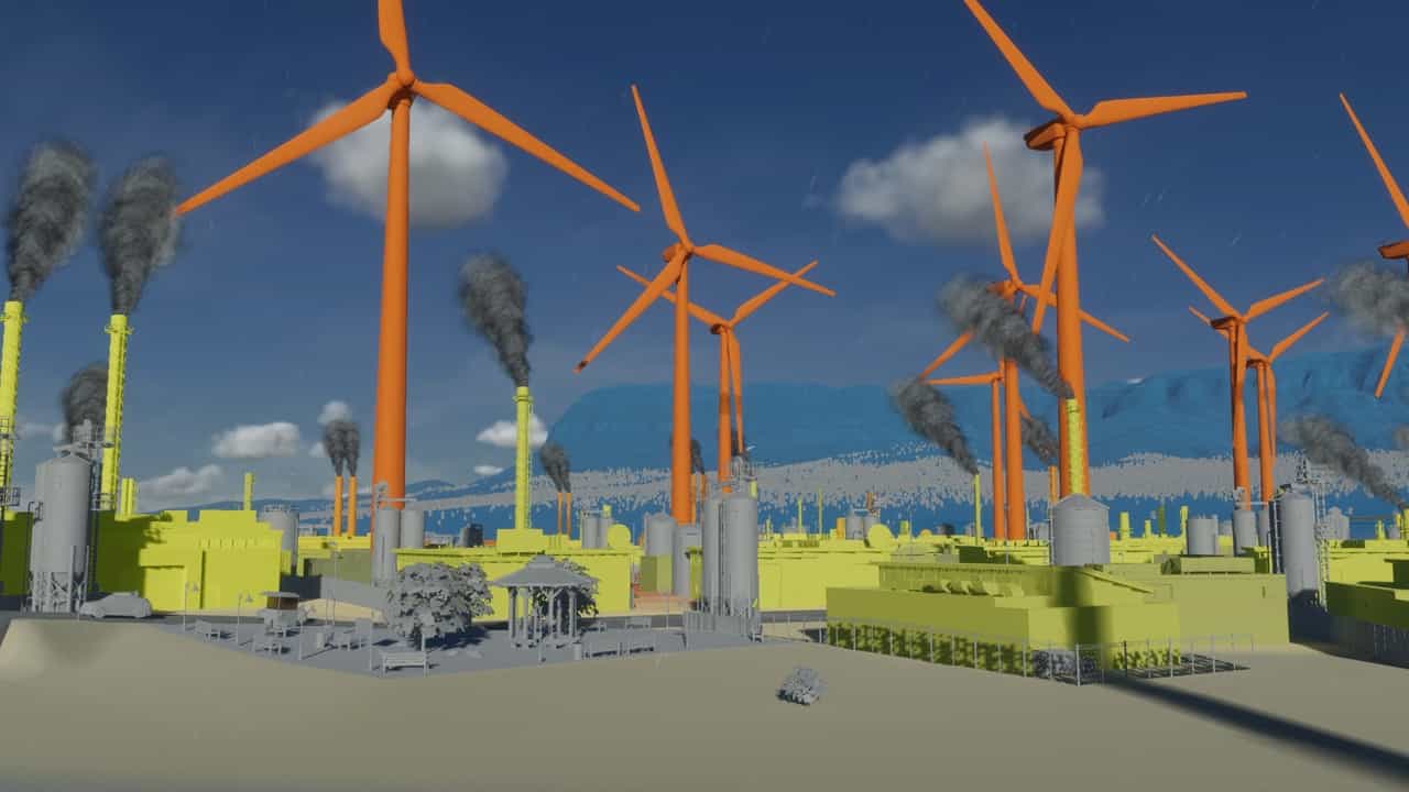 Cities Skylines 2 pollution: An image of industries next to wind turbines.