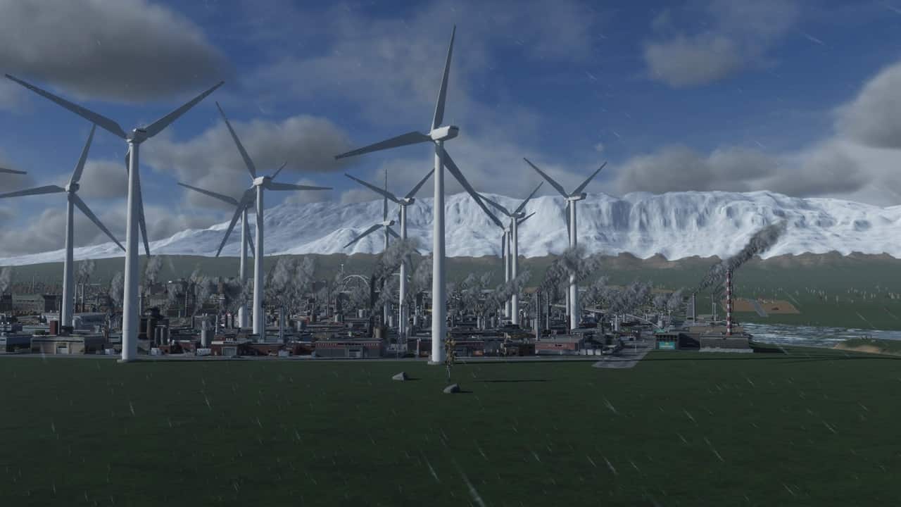 Cities Skylines 2 connect power lines: An image of wind turbines in the game.
