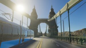 Cities Skylines 2 release time: An image of a train traveling over a bridge.