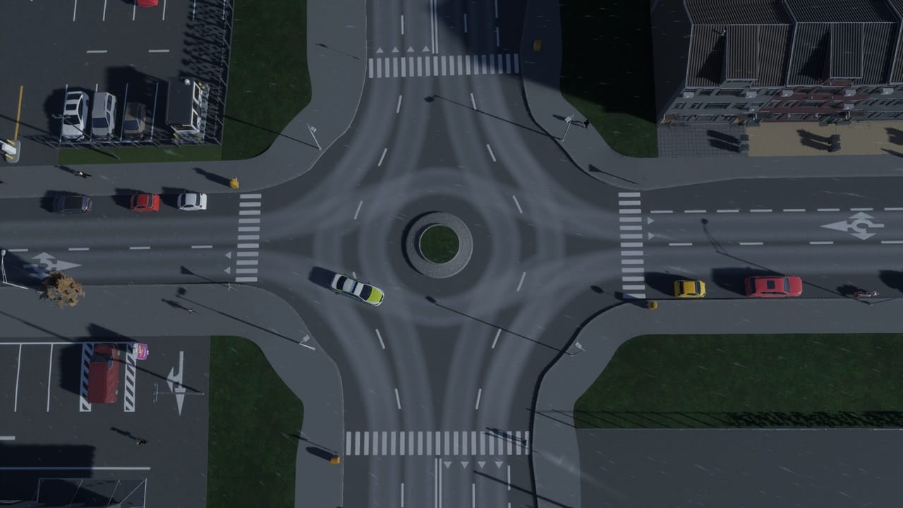 Cities Skylines 2 upgrade and raise raods: An image of a roundabout in the game.