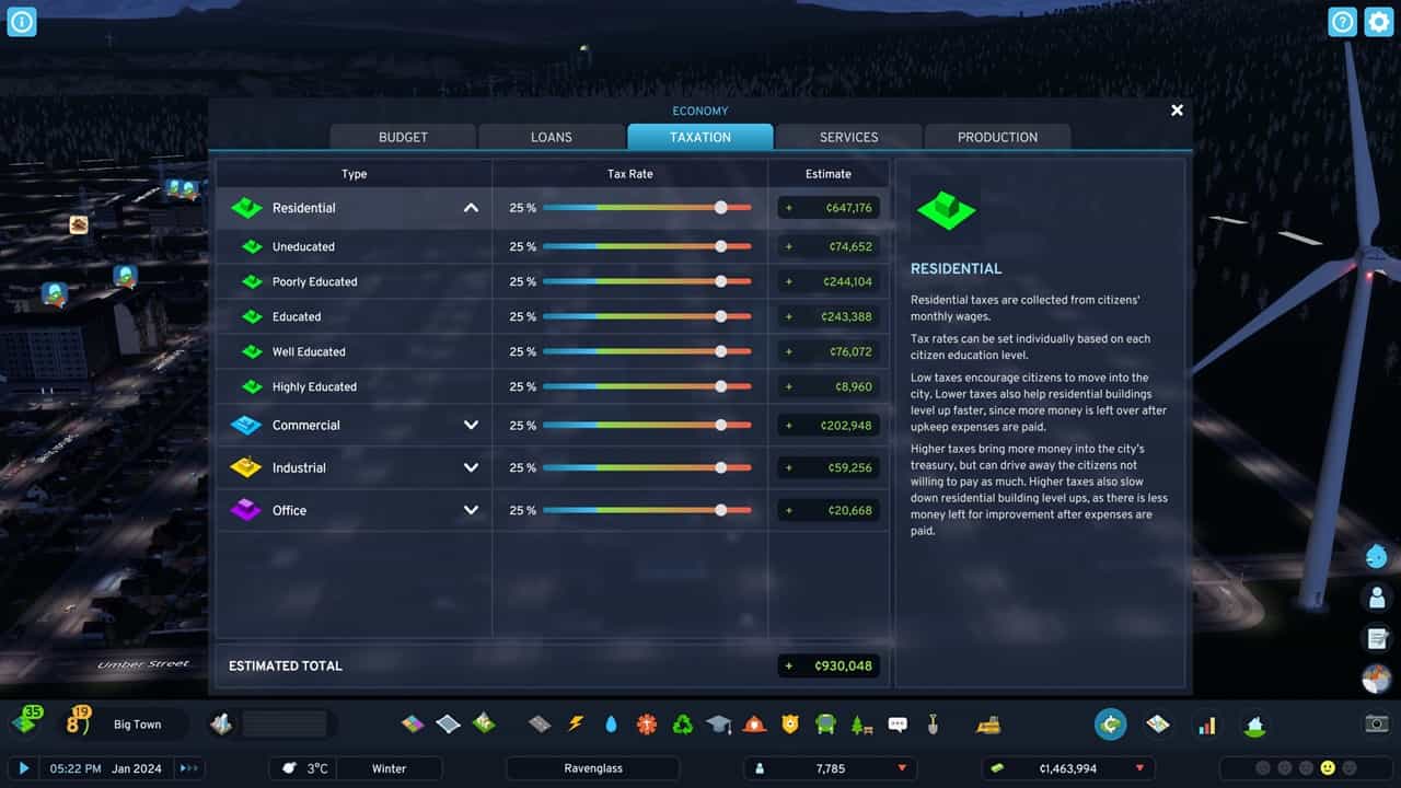 Cities Skylines 2 tips: An image of the tax tab in the economy menu.