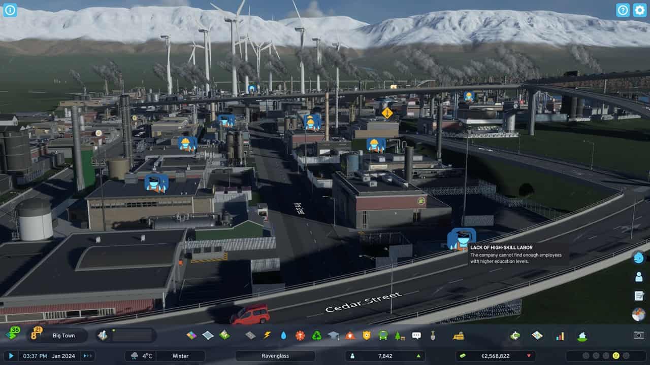 Cities Skylines 2 more workers: An image of the city in the game with labor issues.