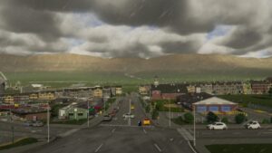 Cities Skylines PS5 Xbox: A screenshot of a city with a rainy sky.
