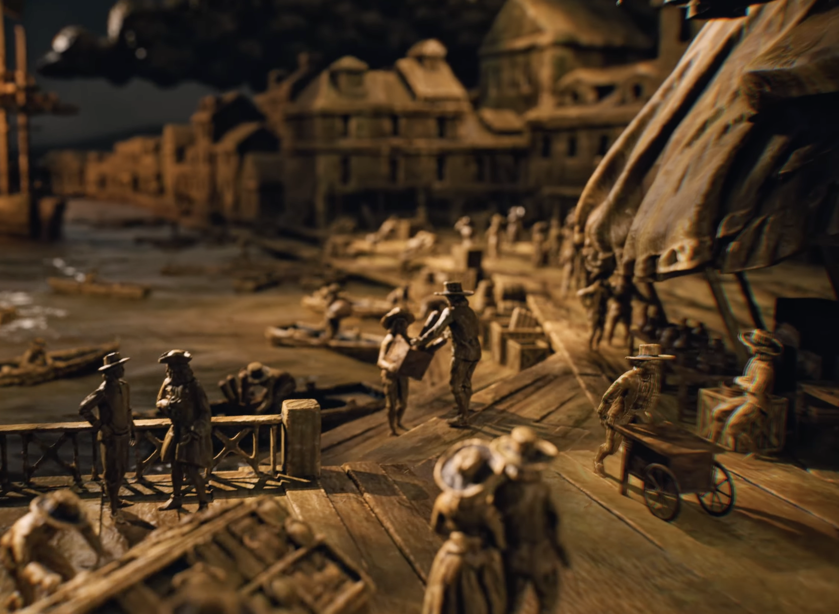civilisation 7 release window - a town scene with people walking along a pier