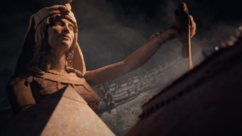 civilisation 7 release window date - a large statue towers over a pyramid
