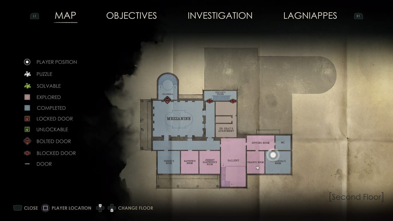 A digital in-game map interface displaying different room types and player's position in a second-floor layout near the Clerk’s Office.