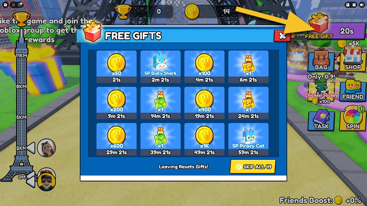Image of the Free Gifts window in Climb and Jump Tower on Roblox, with an arrow pointing at the Free Gifts icon.