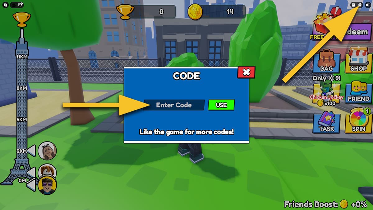 Image of the codes redemption window in Climb and Jump Tower on Roblox, with arrows pointing at a small gift icon and the code input text box.