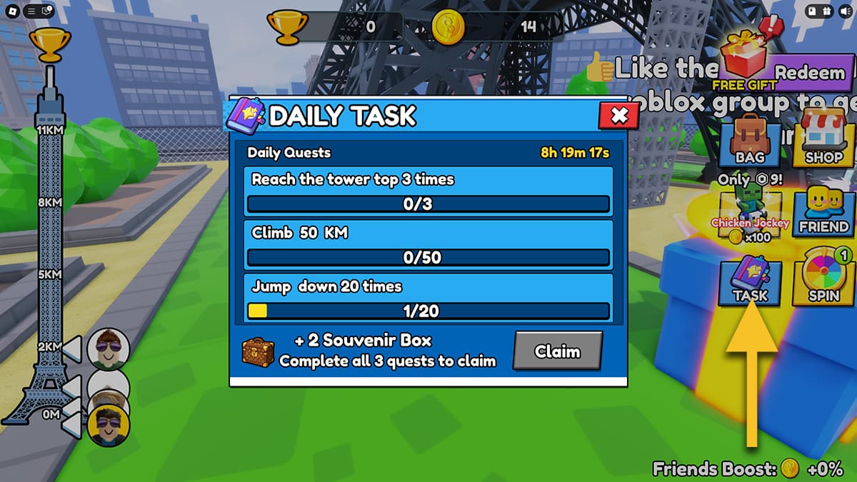 Image of the Daily Task window in Climb and Jump Tower on Roblox, with an arrow pointing at the Tasks icon.