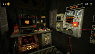 Cloverpit: dingy cell room with a slot machine.