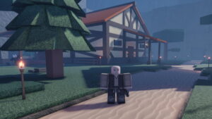 A Roblox character in Clover Retribution standing in front of a house.