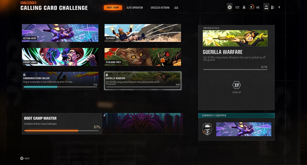 Call of Duty Black Ops 6 Calling Cards: Calling Card Challenge menu.
