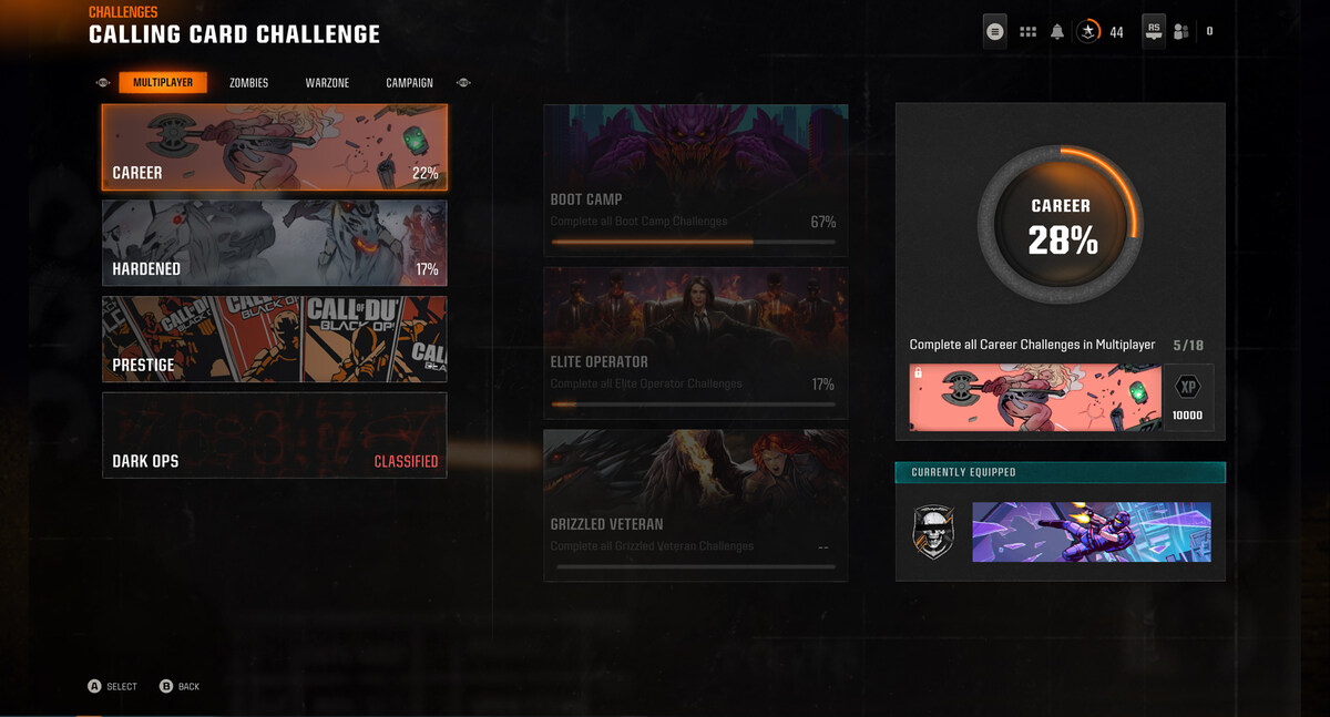 Call of Duty Black Ops 6 Calling Cards: Calling Card Challenge menu.