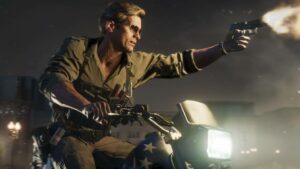 Call of Duty Black Ops 6 how long: soldier firing a gun while riding a motorcycle.