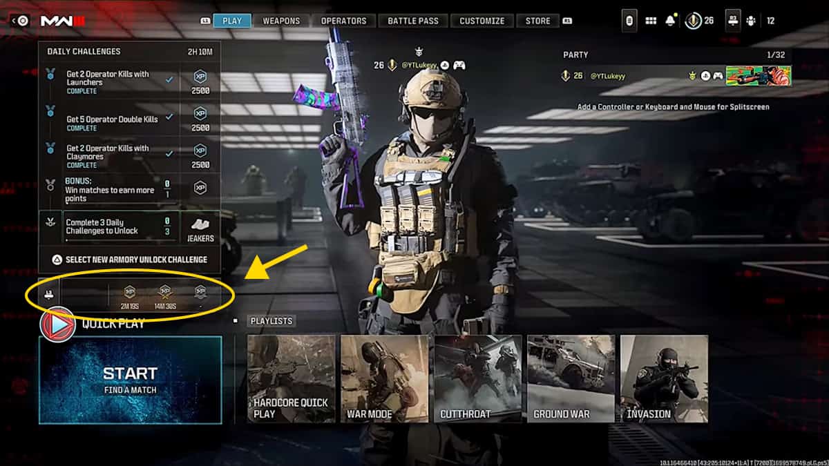 The CoD MW3 pause menu with the Double XP bar circled.
